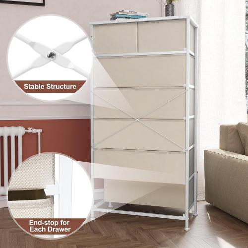 Crestlive Products Vertical Dresser Storage Tower - Sturdy Steel Frame, Wood Top, Easy Pull Fabric Bins, Wood Handles - Organizer Unit for Bedroom, Hallway, Entryway, Closets - 7 Drawers (Beige)