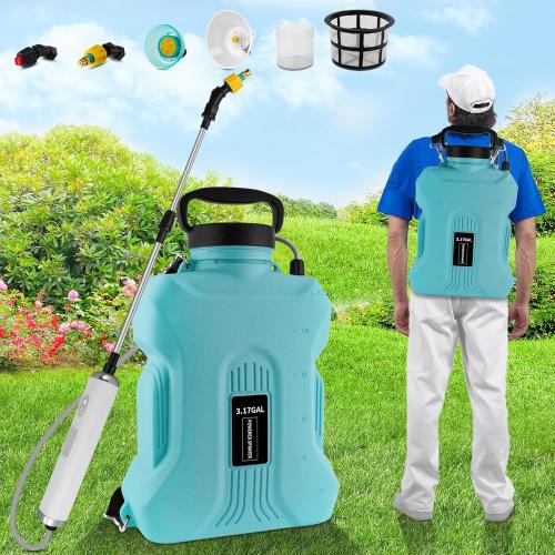 Size 3.17 Gallon Color Blue Battery Powered Sprayer, Backpack Sprayer in Lawn and Garden, Electric Sprayer with 4 Nozzles, Retractable Pole, and USB Charging Handle for Weeding, Watering, and Cleaning