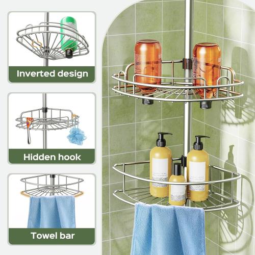 HAMITOR Corner Shower Caddy Tension Pole: 4-Tier Rust-Resistant Adjustable Bathroom Organizer Shelves - 47-121 Inch No-Drill Quick Installation - Space-Saving Storage for Renters Family -