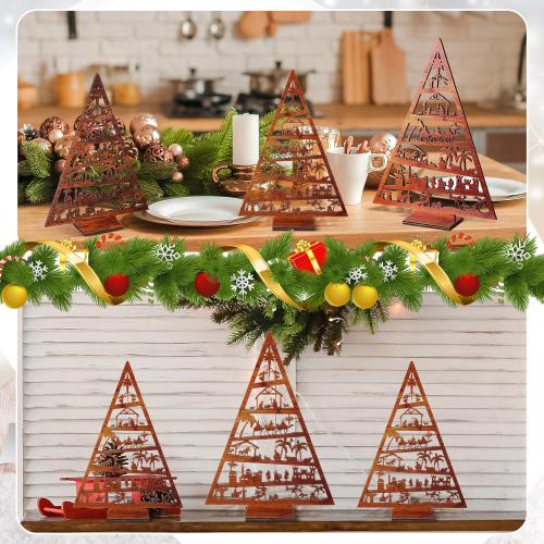 Huwena 3 Pcs Christmas Nativity Scene Table Ornament Vintage Jesus Nativity Set Rustic Farmhouse Holiday Wood Tree Wooden Christmas Tree Tabletop Decoration for Home Tiered Decor Xmas Signs (Novel)