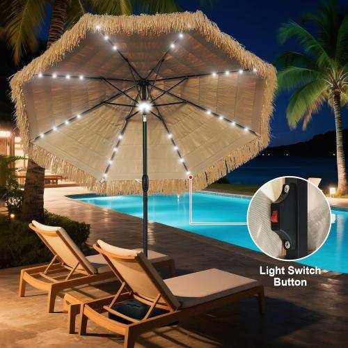 9 FT Solar Thatch Tiki Umbrella, Hawaiian Style Straw Umbrellas with Zinc Alloy Push Button Tilt, UPF 50  Patio Umbrella,Outdoor Umbrella with 32 LED Lights for Beach, Pool,Garden
