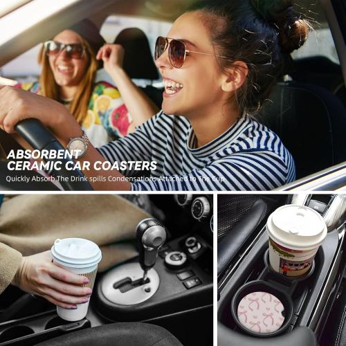 Pink Bow Love Heart Car Cup Holder Coaster 2 Pack Absorbent Ceramic Car Coasters for Cup Holders Car Accessories Interior for Women Men Universal Anti Slip Cork Base Cup Coasters with Finger Notch