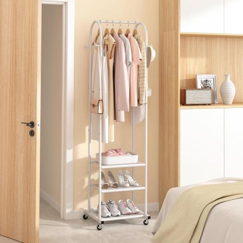 Heavy Duty Clothing Rack with Wheels,Modern Garment Rack with 3 Metal Shelves, 71.8Inches Display Rack for Hanging Clothes, Hanging Rod for Small Spaces,White