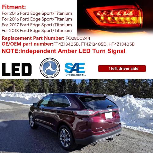 Rear Left Outer Side LED Tail Light For 2015-2018 Ford Edge Sport/Titanium Brake Lamp Amber Turn Signal Light Replacement Driver Side FO2800244 FT4Z13405B FT4Z13405D HT4Z13405B w/Bulbs&Harness
