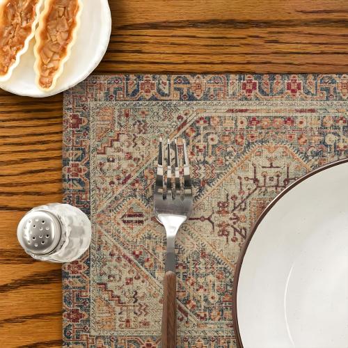 Boho Style Dusty Blue Placemats Set of 4,Vintage Elegant Farmhouse Table Center Linen Decor,12x18 Inch Country Rustic Farmhouse Magical Fall Table Mats for Party Kitchen Dining Decoration