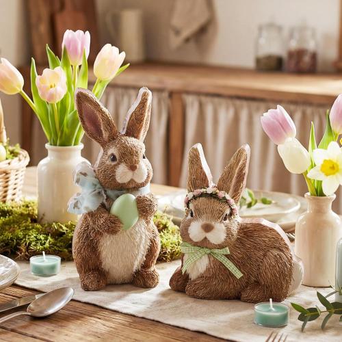 ‼️1 Missing‼️DoubleFill 2 Pcs Easter Bunny Figurine Easter Wooden Bunny Figurines Farmhouse Rabbit Table Decoration for Spring Office Centerpiece Decor Party Supplies