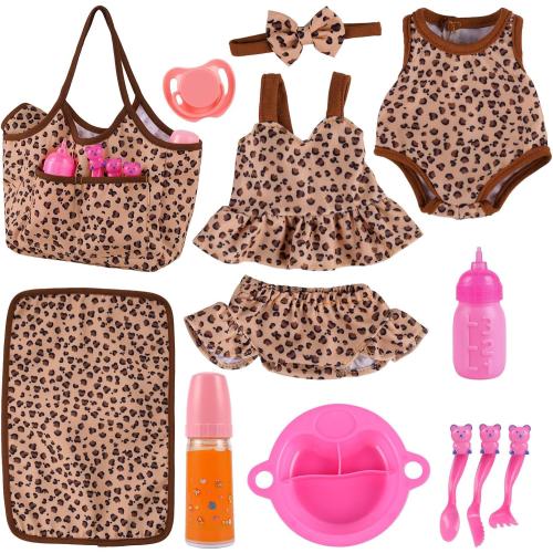 BABESIDE 13Pcs Baby Doll Clothes and Accessories for 10-12 inch Dolls, Baby Doll Feeding and Care Set with Carry Bag, Bottles, Tableware, Baby Doll Outfit for Doll Girl Boy (Leopard Pattern)