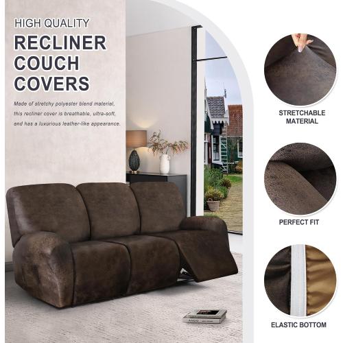 ANARACHON Leather Look Recliner Couch Cover, 8-Pieces Stretch Recliner Sofa Covers, Soft Reclining Slipcover, Washable Furniture Protector for Pets (3 Seater, Brown)
