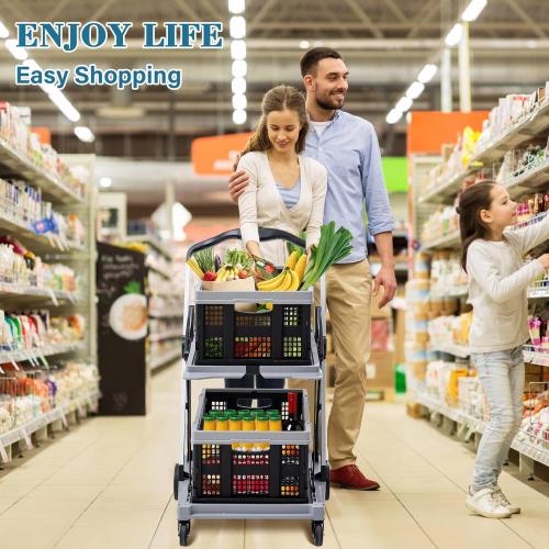 Collapsible Shopping Cart on Wheels, Folding Shopping Cart with 360° Swivel Wheels, Multi Use Utility Cart Adjustable Portable Trolley, Used for Picnic, Supermarket, Gray