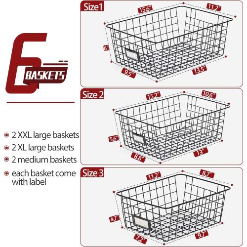 6 Pack Wire Baskets for Pantry Organization and Storage, Kitchen Organizer, 2 XXLarge & 2 XLarge & 2 Large