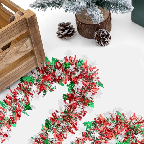 33 FT Christmas Tinsel Garland, Red Green White Metallic Twist Foil Tinsel Garland with Snowflake and Xmas Tree Hanging Decoration for Christmas Tree Wedding Birthday Home Party Decoration