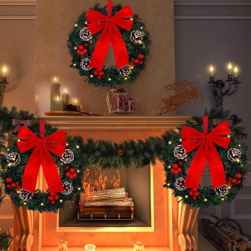 4 Pcs Lighted Christmas Wreaths, 12 Inch Pre Lit Small Xmas Wreath with Large Bow, Pine Needle Wreath with LED Lights Battery Operated Xmas Ornaments for Front Door Wall Christmas Party Decor(Red)