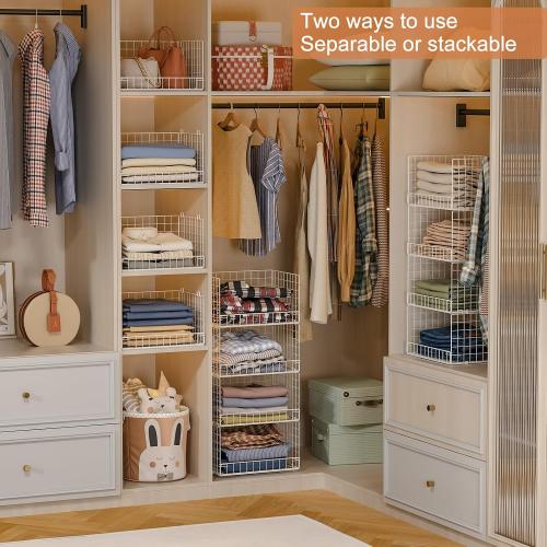 Yociyoga 4-Tier Stackable Closet Organizers and Storage Basket, Foldable Closet Shelf Organizer System, Space-Saving Clothes Storage Drawer Organizer for Wardrobe, White (Patent 30022416)