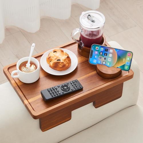 GEHE Real Acacia Wood Couch Armrest Table, 15.4x9.8 Couch Arm Tray Table, 3 in 1 Removable Sofa Cup Holder wtih 360° Rotated Phone Holder, Clip on Armrest Tray for Drinks, Snacks, Phone, Control