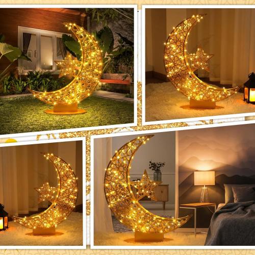 Large Metal Ramadan Moon Stand Lights Decorations for Home Iron Eid Mubarak Star Crescent Moon Lamp LED Light Stand Eid Craft Table Centerpiece Home Islamic Gift(22.4 x 26.3 Inch,Modern Style)