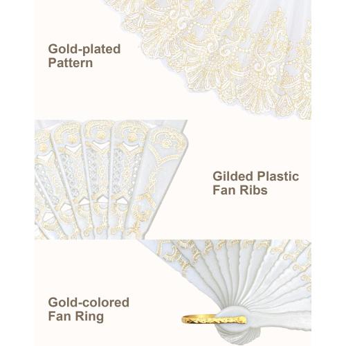 EOSAU Handheld Chinese Folding Fan Hand Fans for Women Foldable Bulk for Party Wedding Church Dancing (White)