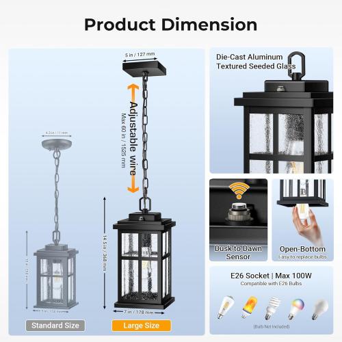 VIANIS Dusk to Dawn Large Outdoor Pendant Light Fixture, Black Modern Outdoor Hanging Porch Light, Anti-Rust Waterproof Exterior Chandelier for Porch with Adjustable Chains, Exterior Pendant Light