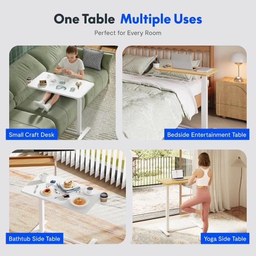 FLEXISPOT H7 32 Pneumatic Height-Adjustable Overbed Table with Wheels | C-shaped bedside table,Medical End Table,Rolling Cart TV Tray,Laptop desk for Hospital Home office use,31.5Wx17.7D,White