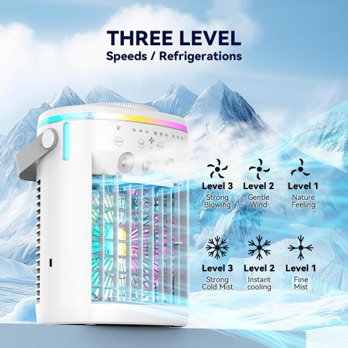 Portable Air Conditioner, Evaporative Air Cooler, 2-4-8H Timer Auto-Off &Remote, Water Tank, Three ultrasonic nozzles, 3-Speed Personal Air Conditioner Cooling Fan