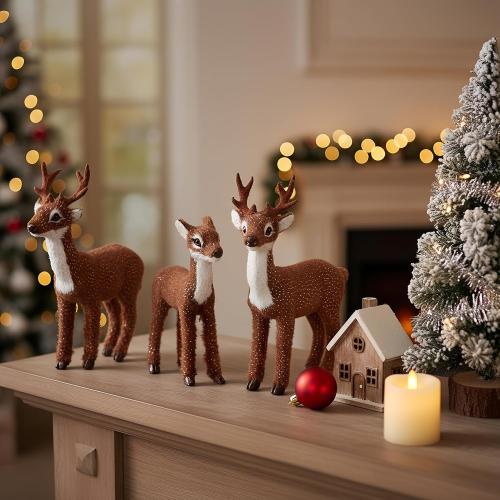 3 Pcs Christmas Reindeer Decor, Festive Holiday Decorations, Rustic Elk Ornaments, Handcrafted Tabletop Decor for Home, Office, Fireplace, Mantle (Brown)