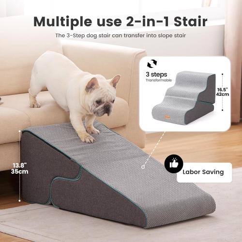 Gardner Pet Dog Stairs for Small Dogs 16.5 H, 2 in 1 Transformable 3-Step Pet Stairs and ramp, Dog Steps for Couch (13-20 in) with Durable Non-Slip Waterproof Cover and CertiPUR-US Certified Foam