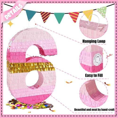 PCFING 20 Inch Number 6 Piñata Pink Gold with 30 Inch Piñata Stick Blindfold Confetti for Boys Girls Adults Birthday Party Decorations, Anniversary Celebration, Fiesta