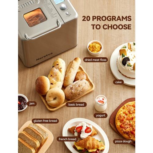 Neretva Bread Maker, 20-IN-1 2LB Bread Machine Dual Heater Bread Maker Machine Automatic with Nonstick Ceramic Pan, 15H Timer & 1H Keep Warm Set, Low Noise, Stainless Steel Breadmaker Recipe-Silver