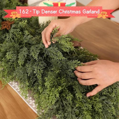 9FT Cedar Garland, 162 Tips Real Touch Christmas Garland, Artificial Winter Pine Garland for Mantle Table Stairs Wall, Outdoor Christmas Decorations Indoor Greenery Garlands Holiday Decorations