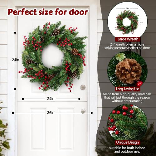Large Outdoor Christmas Wreath, 24 Inch Christmas Wreaths for Front Door Outside, Farmhouse Indoor Winter Wreath Window, Home Decorations with Pine Cones, Red Berries, Evergreen Leaves