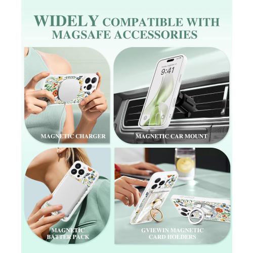 GVIEWIN for iPhone 16 Pro Case Compatible with MagSafe, [Military Grade Protection] [2X Screen Protector] Full Camera Protection Floral Translucent Women Magnetic Phone Case, Blooming Floweret