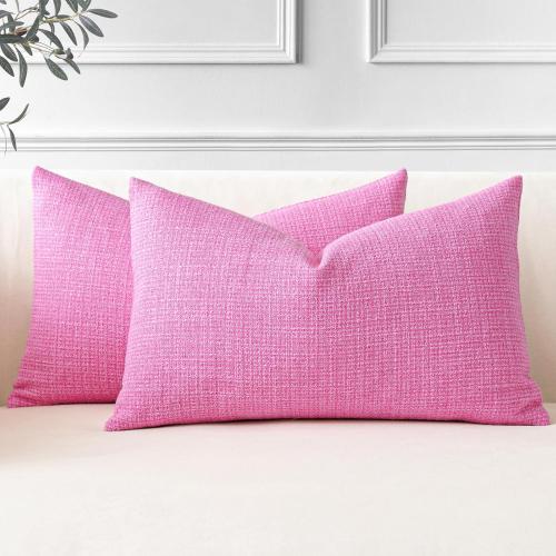 OTOSTAR Pack of 2 Throw Pillow Covers 12x20 Inch Linen Hot Pink Pillowcases Farmhouse Decorative Solid Pillow Covers 30x50 cm Lumbar Cushion Case for Home Decor Sofa Couch Bed (Hot Pink)