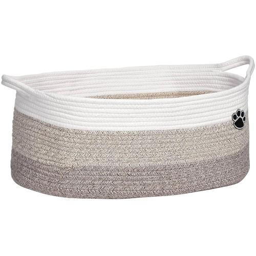 White and Brown Dog Toy Basket, Toy Box and Bin for Dog Cat Storage, 19.7 X 11 X 7.9 (30L) Large Woven Rope Basket for Blanket Storage, Living Room, Bedroom