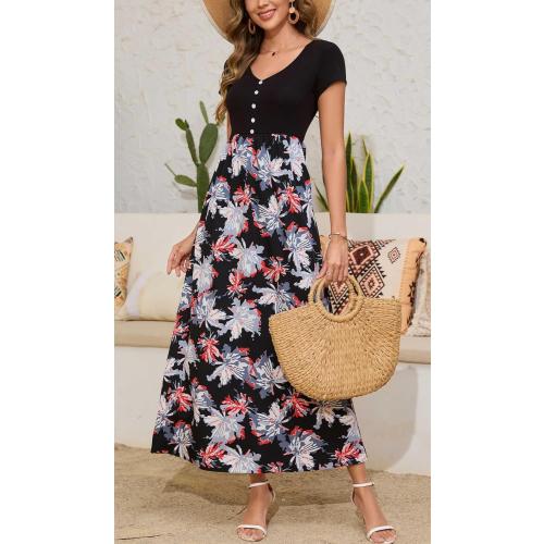 Kormei Women's Short Sleeve V Neck Button Loose Plain Maxi Dresses Casual Summer Tshirt Dress with Pockets small