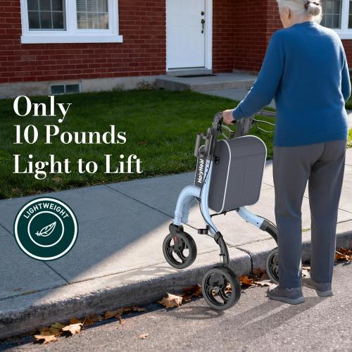 3 Wheel Walkers for Seniors, Lightweight Rollator Walkers Foldable for Elderly with Cane Hold and Cup Hold, Height Adjustable Aluminum Three Wheel Rolling Walker Mobility Aid, Blue