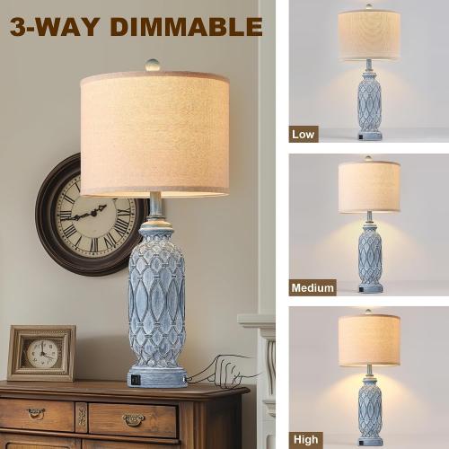 28 Living Room Lamps Set of 2, Farmhouse Lamps for Bedroom with USB A C Charging Ports, Touch Lamps for Nightstand, 2 Bulbs Included