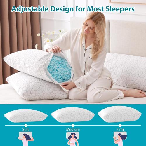 Cooling Pillows for Sleeping 2 Pack, Adjustable Shredded Memory Foam Pillows Queen Size Set of 2, Firm Bed Pillows for Side Back Stomach Hot Sleepers, Cold Pillow with Removable Washable Cover