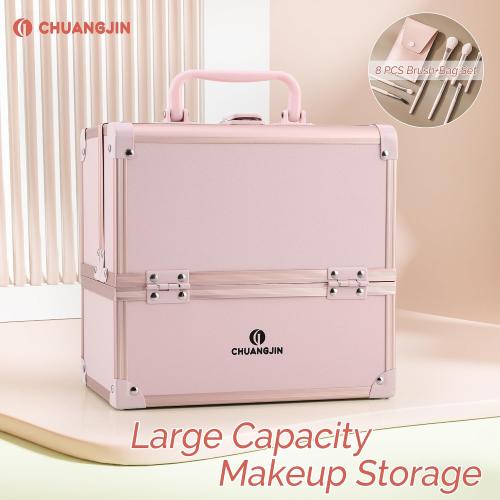 Makeup Train Case 2 Trays Makeup Box Organizer Portable Travel Makeup Case Lockable Makeup Storage Organizer Cosmetic Box for Jewelry Nail Tech Brushes Accessories Tool, Pink Pro