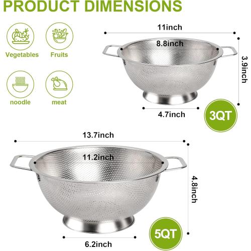 Colander Stainless Steel 3-Quart, Strainer for Kitchen Food, Dishwasher Safe