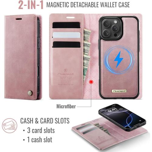 Wallet Case for iPhone 16 Pro Max Compatible with Magsafe, 2-in-1 PU Leather Flip RFID Blocking Card Holder Stand Shockproof Magnetic Detachable Cover for iPhone 16 Pro Max Case 6.9, Pink