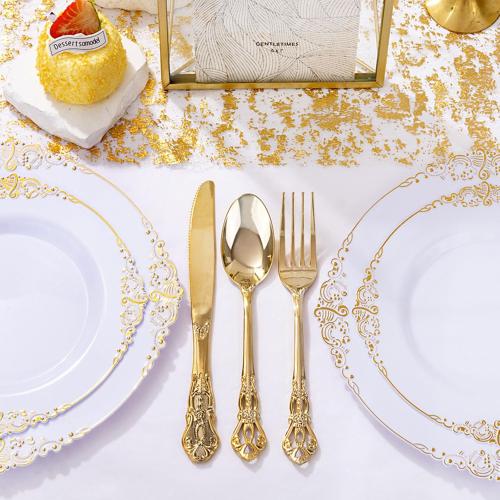 150 Pieces Gold Plastic Silverware - Heavy Duty Gold Disposable Utensils - Fancy Plastic Cutlery Set Includes 50 Forks, 50 Spoons, 50 Knives for Holidays Parties Weddings