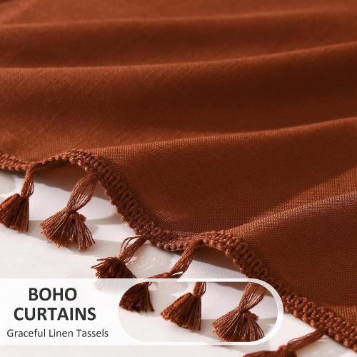 SMABU Terracotta Boho Linen Curtains 84 Inches Long 2 Panels Set, Light Filtering Semi Sheer Drapes with Back Tab & Rod Pocket, Tassel Decor for Bohemian Farmhouse Living Room, Bedroom, 52x84
