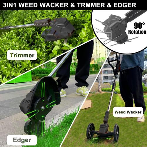Orange Cordless Weed Wacker Eater Battery Powered, 21V Lightweight Electric Weed Trimmer with 2 Battery Operated & Charger& Wheels & Shears, No-String Grass Trimmer/Brush Cutter/Lawn Edger for Yard Garden