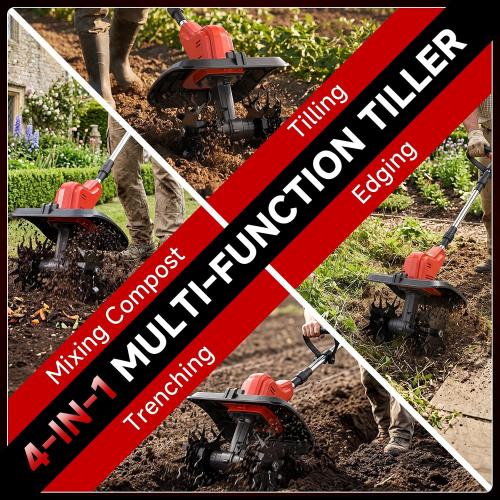 21V Cordless Tiller for Gardening, 120Mins Runtime Rototiller, 11.8 Width 6.6 Depth Garden Tiller, 360RPM Electric Cultivator for Lawn/Soil/Cultivation/Garden