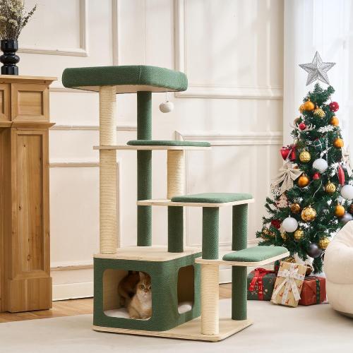 Modern Wood Cat Tree Tower for Large Cats - 43.5 Indoor Wooden Cat Condo with Sisal Scratching Posts, Washable Cushions, Large Top Perch & Easy Climb Steps for Elderly/Short-Legged Cats Multi-Cat Use