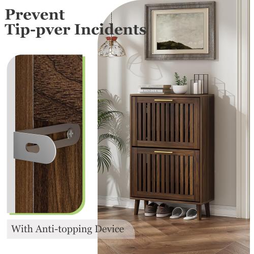 Shoe Cabinet, Shoe Storage Cabinet with Louvered 2 Flip Drawers, Narrow Shoe Cabinet Storage for Entryway, Freestanding Shoe Organizer Cabinet with Golden Handles, Slim Shoe Rack Cabinet (Walnut)