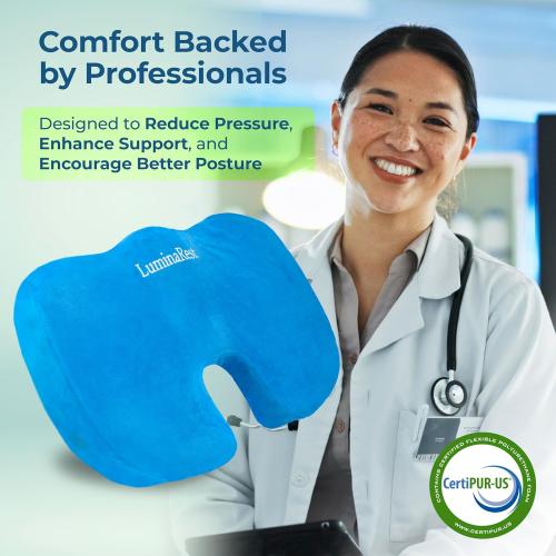 LuminaRest® Gel Seat Cushion for Long Sitting – CertiPUR-US® Certified Memory Foam – Tailbone Pain Relief Cushion, Adaptable for Office, Car, Airplane & Wheelchair – (Blue)