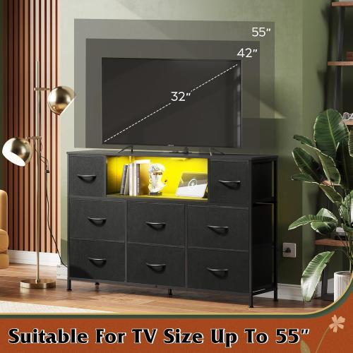 Black 11.7D x 47.2W x 31H WLIVE Black TV Stand for 45, 50, 55 inch TV, Entertainment Center with LED Lights & Charging Station, TV Media Console Table with 8 Fabric Drawers and Open Shelves for Living Room, Hallway, Wood Top