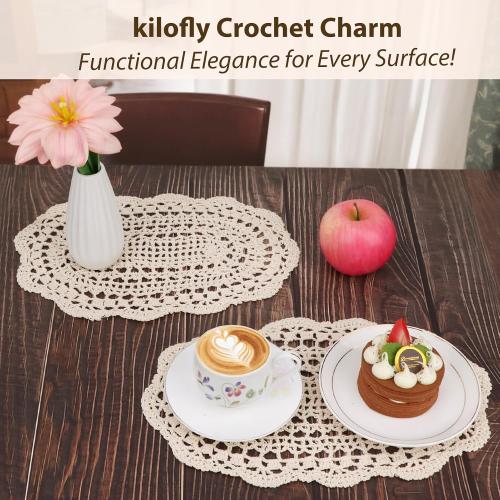 kilofly Crochet Cotton Lace Placemats Doilies 4pc, Oval, Beige, 7.8 x 14 inch