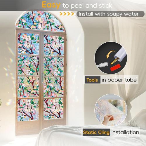 Rainbow Window Privacy Film Decorative, 3D Decals Stained Glass Clings, Static Cling Sticker, Suncatcher Windows Cover Tint for Home,