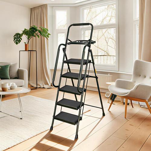 Valeo 5 Step Ladder with Handrails,500 Lbs Capacity,Folding Step Stool Ladder with Tool Platform,Wide Anti-Slip Pedal,Step Ladder 5 Step Folding,Multi-use for Home,Kitchen,Office,Black